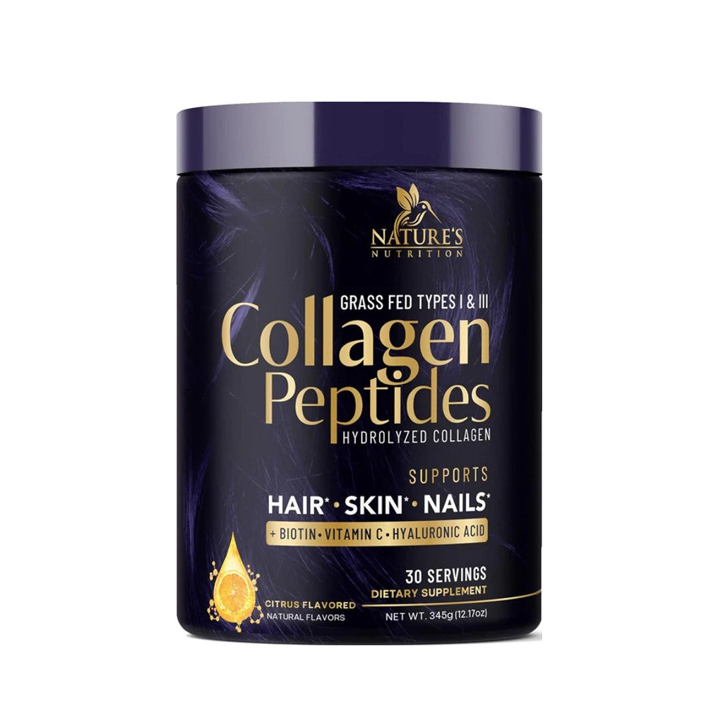 Nature's Nutrition Grass-Fed Bovine Collagen Peptides – Hydrolyzed Collagen with Biotin, Calcium & Hyaluronic Acid Supports Hair, Skin, Nails & Joints | Unflavored | 28 Servings | 20 oz (563g) | Dietary Supplement