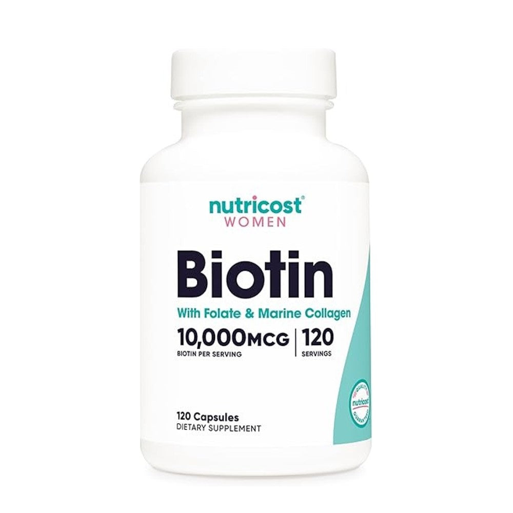 Nutricost Women’s Biotin with Folate & Collagen – 10,000mcg per Serving Supports Hair, Skin, Nails & Overall Wellness | 120 Capsules | Dietary Supplement