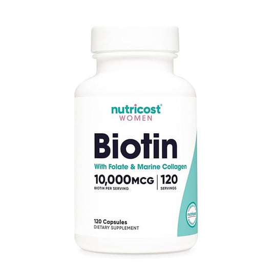 Nutricost Women’s Biotin with Folate & Collagen – 10,000mcg per Serving Supports Hair, Skin, Nails & Overall Wellness | 120 Capsules | Dietary Supplement