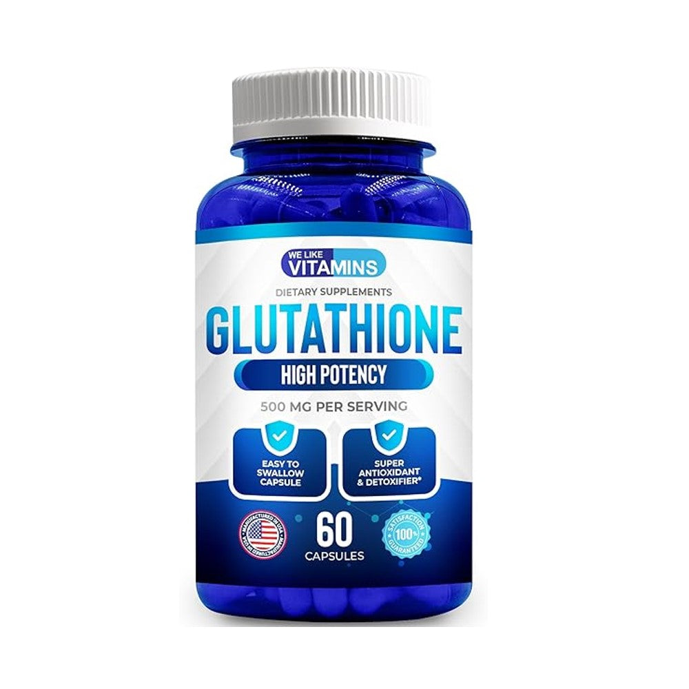 We Like Vitamins Glutathione 500mg – High Potency Antioxidant & Detoxifier Easy-to-Swallow Capsules | 60 Capsules | Dietary Supplement