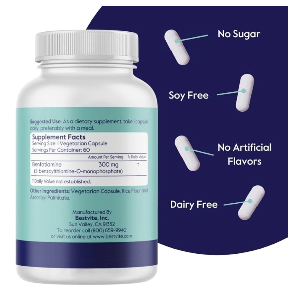 BestVite Benfotiamine – Lipid-Soluble Thiamine – 300mg – 60 Vegetarian Capsules