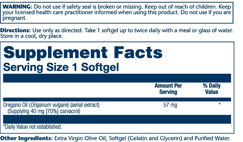 Solaray Oregano Oil 70% Carvacrol, 57mg 60 Softgels