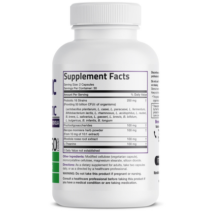 Bronson Vitamins Probiotic Plus Prebiotic with L-Theanine, Bacopa & Rhodiola - 50 Billion Cfu - 60 Vegetarian Capsules