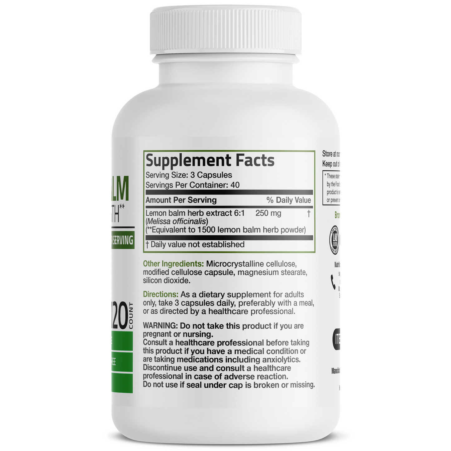 Bronson Vitamins Melissa Lemon Balm 1500 Mg per Serving 120 Caps