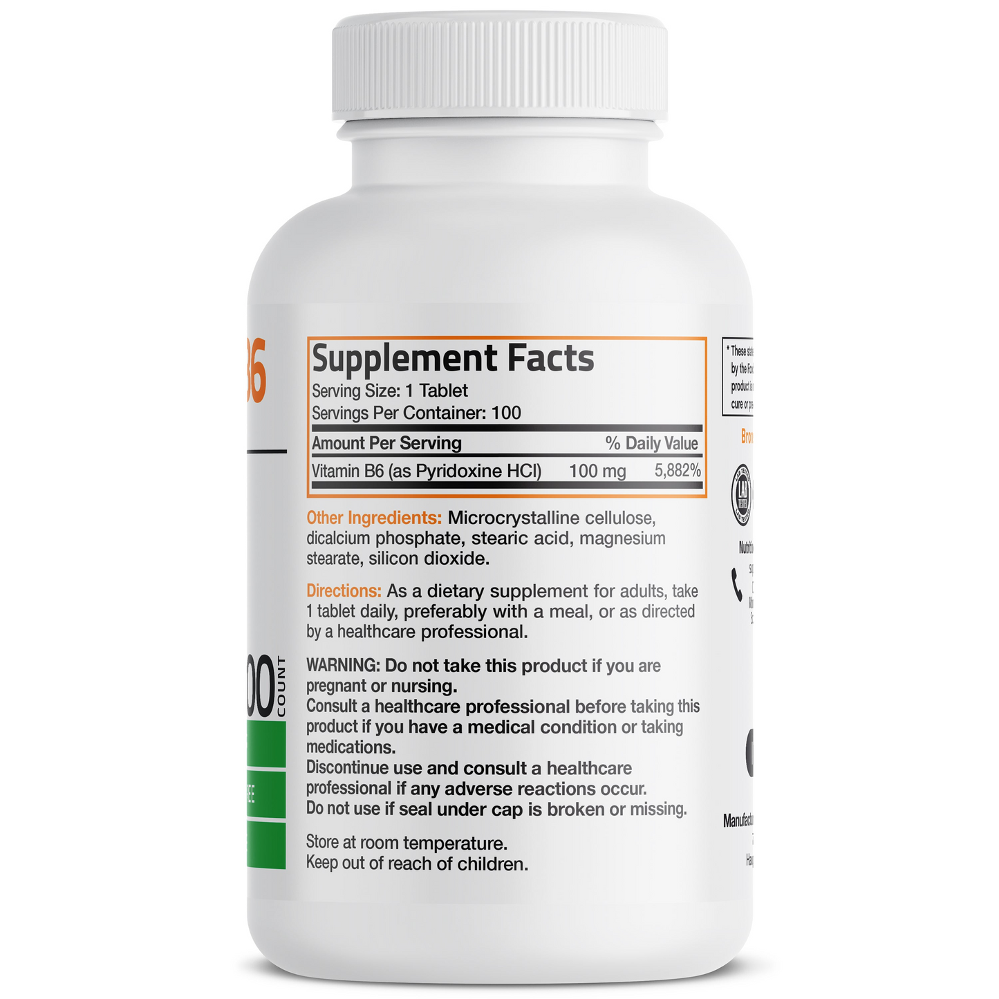 Bronson Vitamins Vitamin B6 Pyridoxine - 100 mg 100 tabs