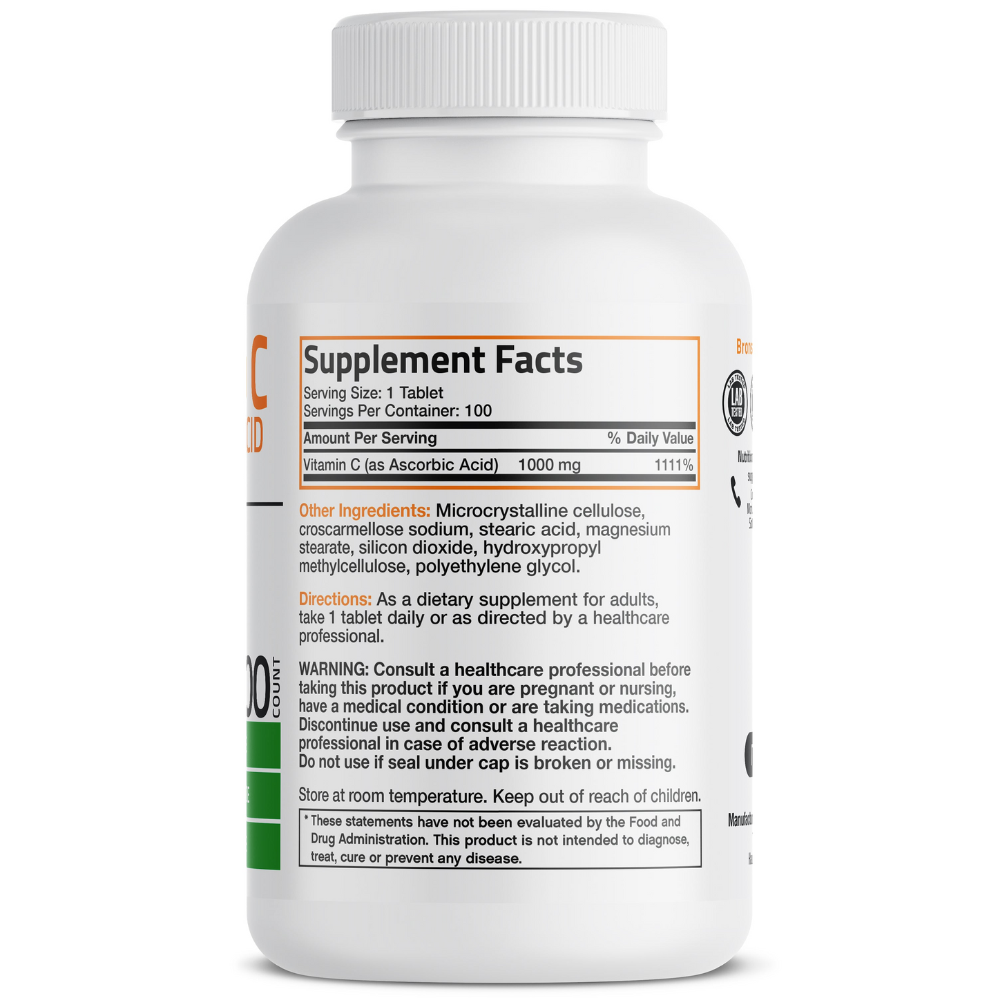 Bronson Vitamins Vitamin C Pure Ascorbic Acid - 1,000 Mg 100 Tabs