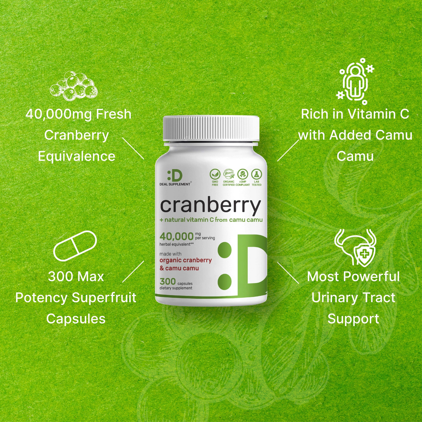 Deal Supplement Cranberry Pills 40,000mg Per Serving with Camu Camu, 300 Capsule
