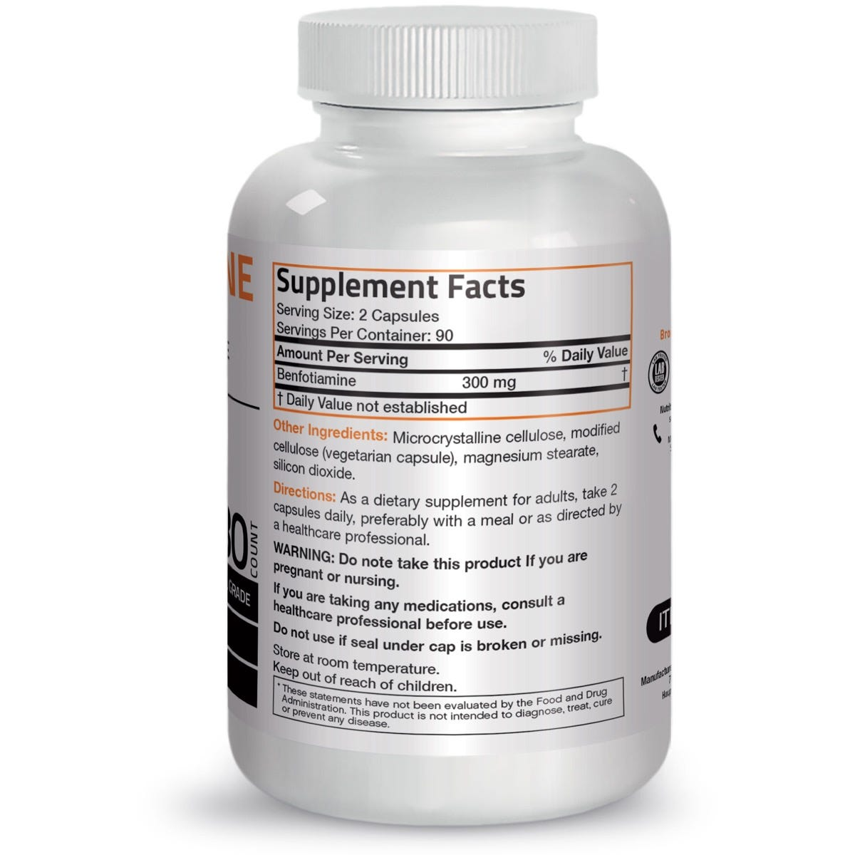 Bronson Vitamins Vegetarian Benfotiamine Vitamin B1 Thiamine - 300 Mg - 180 Vegetarian Capsules