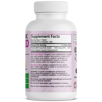 Bronson Vitamins Folic Acid (folate) Vegetarian Usda Certified Organic - 800 Mcg 180 Tabs