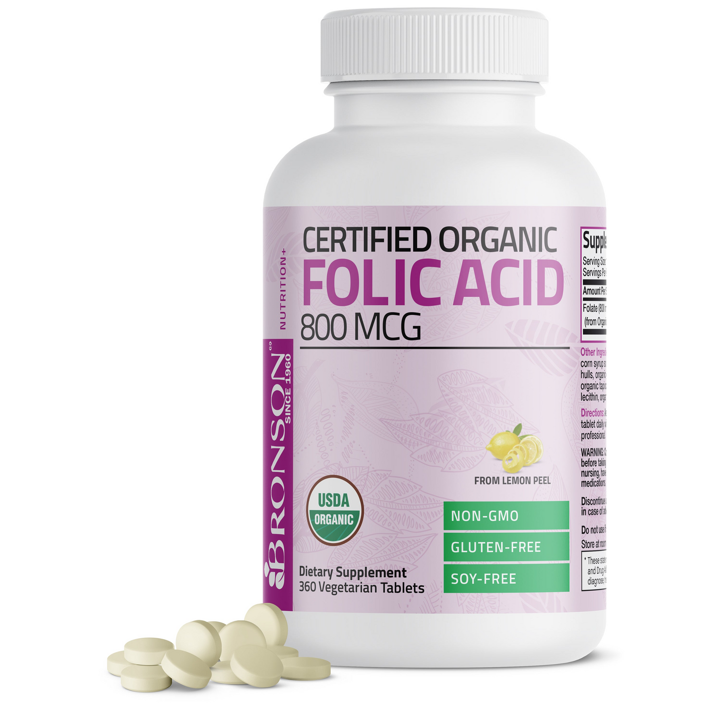 Bronson Vitamins Folic Acid (folate) Vegetarian Usda Certified Organic - 800 Mcg 180 Tabs