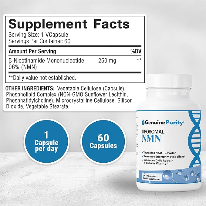 Genuine Purity™ Liposomal Nmn - Cellular Regeneration & Dna Health Supplement - 60 Capsules