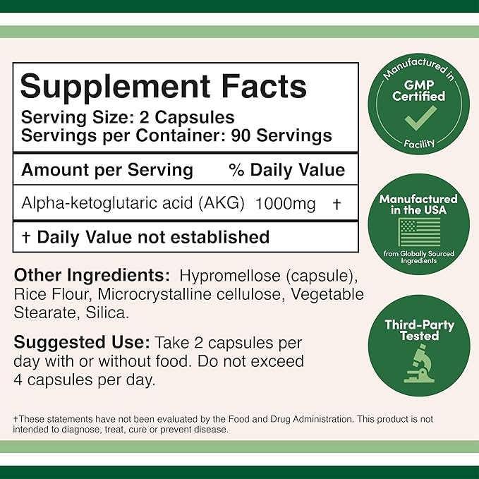 Double Wood Supplements Alpha-Ketoglutaric Acid (akg) 1000mg - 180 Capsules | Supports Athletic Performance & Longevity | Dietary Supplement