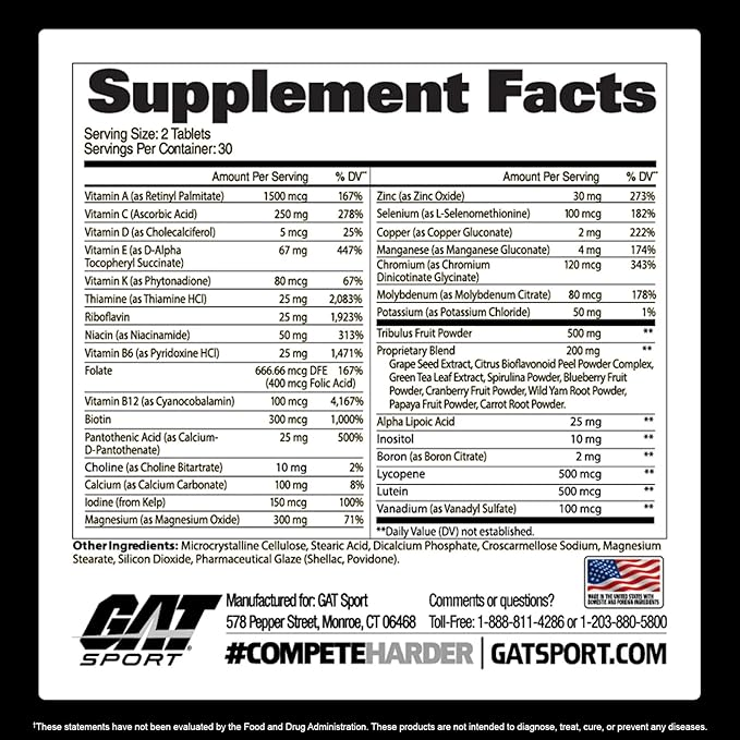 GAT Sport Men's Multi Test Multivitamin with Testosterone Support, Supports Healthy Immune Function, Formulated for Active Men, Dietary Supplement,60 Tablets