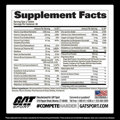 GAT Sport Men's Multi Test Multivitamin with Testosterone Support, Supports Healthy Immune Function, Formulated for Active Men, Dietary Supplement,60 Tablets