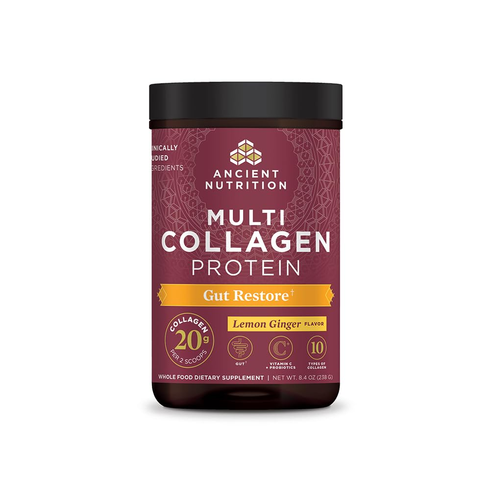 Ancient Nutrition Multi Collagen Protein Gut Restore – Lemon Ginger Flavor | With Probiotics & Whole Food Ingredients