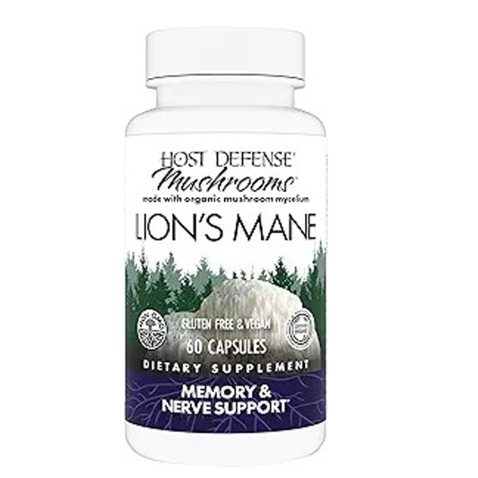 Host Defense Lion's Mane – Organic Mushroom Mycelium, Memory & Nerve Support, Gluten-Free & Vegan, 60 Capsules