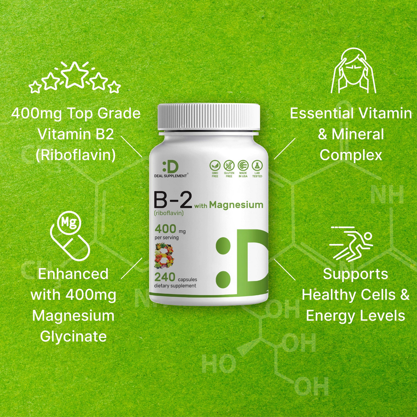 Deal Supplement Vitamin B2 400mg (Riboflavin) | with Magnesium Glycinate 400mg, 240 Capsules
