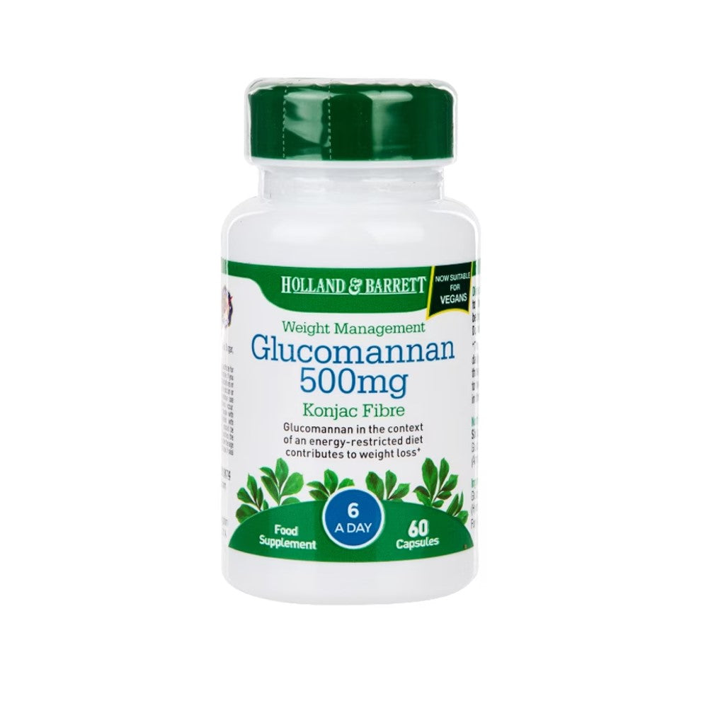 Holland & Barrett Glucomannan 500mg – Weight Management with Konjac Fibre | Vegan-Friendly Food Supplement | 60 Capsules