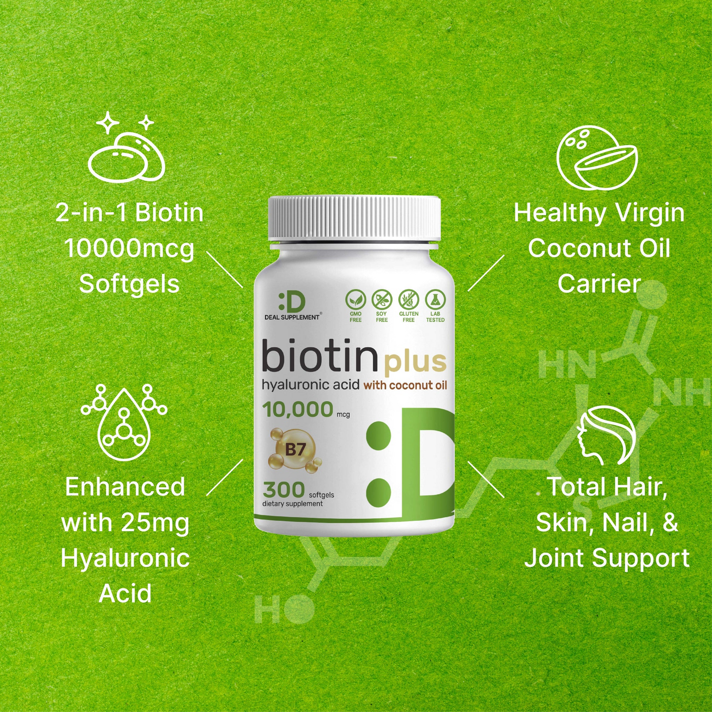 Deal Supplement Biotin Pius 10,000mcg & Hyaluronic Acid 25mg – 300 Softgels