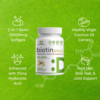 Deal Supplement Biotin Pius 10,000mcg & Hyaluronic Acid 25mg – 300 Softgels