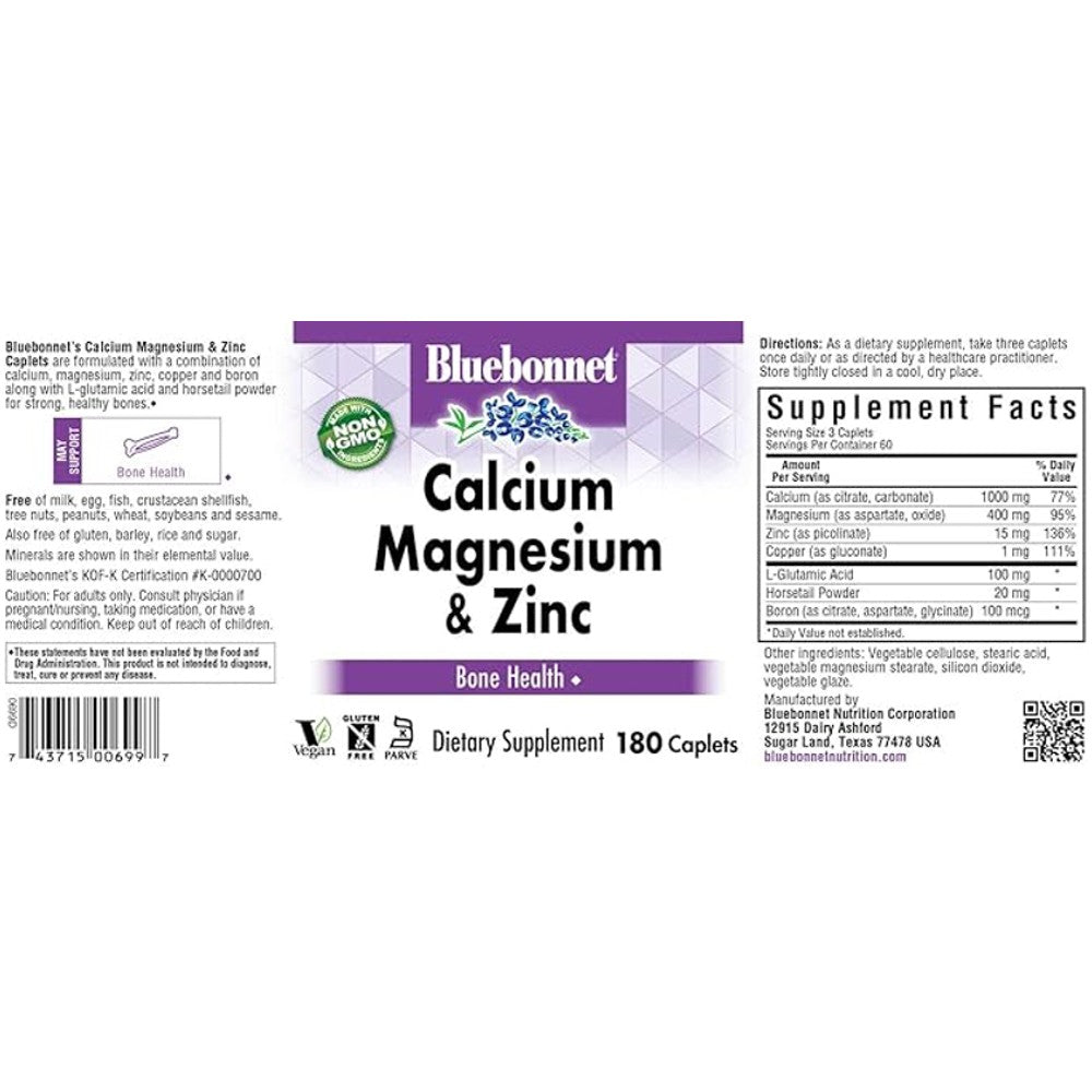 Bluebonnet Calcium Magnesium & Zinc 180 Caplets – Bone Strength & Immune Support