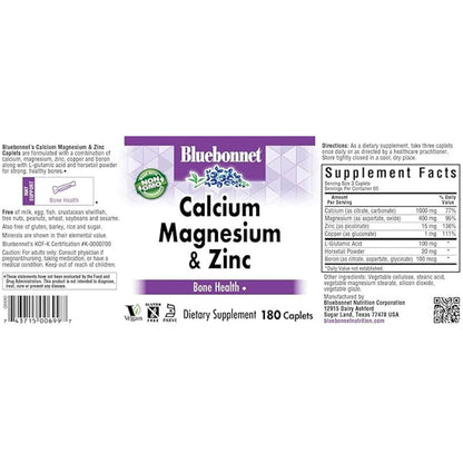 Bluebonnet Calcium Magnesium & Zinc 180 Caplets – Bone Strength & Immune Support