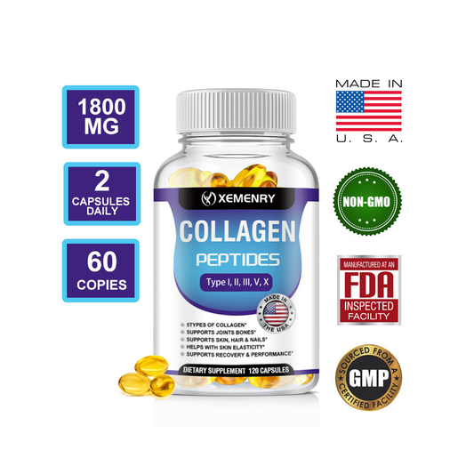 XEMENRY COLLAGEN PEPTIDES Type I, II, III, V, X – Joint, Bone & Skin Support 120 Capsules Dietary Supplement