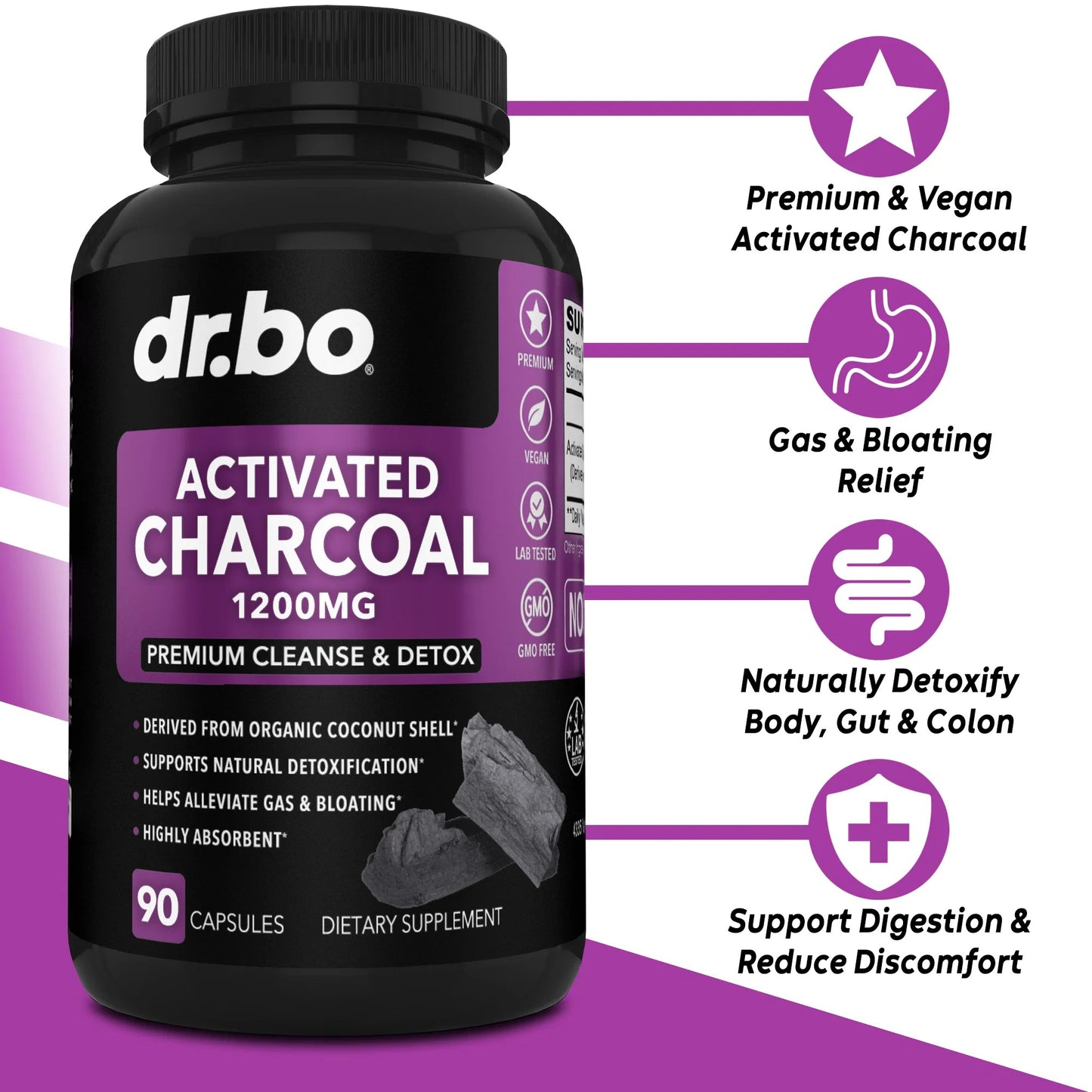 Dr.Bo Activated Charcoal 1200 Mg Premium Cleanse & Detox 90 Capsules