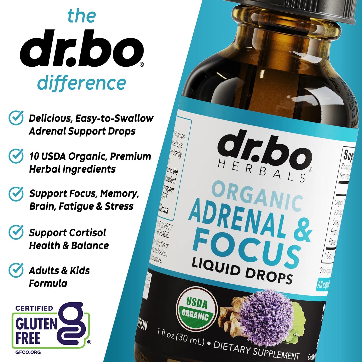 Dr.Bo Adrenal Support Supplements Liquid Drops - Organic Adrenal and Focus Supplement