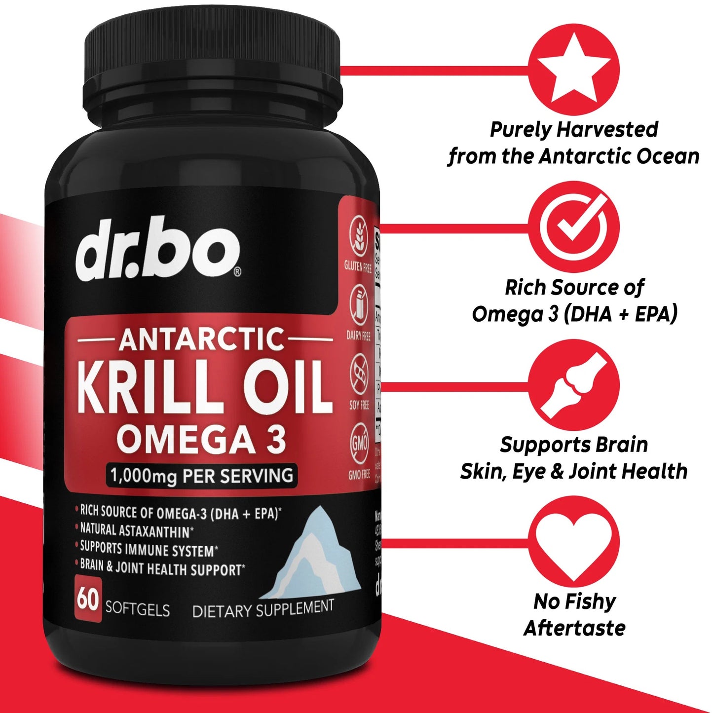 Dr.Bo Antarctic Krill Oil Omega 3 1000mg Softgels Capsules EPA, DHA, Astaxanthin, Phospholipids