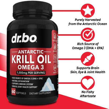 Dr.Bo Antarctic Krill Oil Omega 3 1000mg Softgels Capsules EPA, DHA, Astaxanthin, Phospholipids