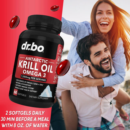 Dr.Bo Antarctic Krill Oil Omega 3 1000mg Softgels Capsules EPA, DHA, Astaxanthin, Phospholipids