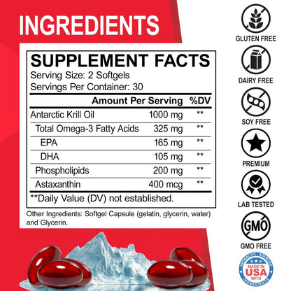 Dr.Bo Antarctic Krill Oil Omega 3 1000mg Softgels Capsules EPA, DHA, Astaxanthin, Phospholipids