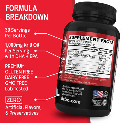 Dr.Bo Antarctic Krill Oil Omega 3 1000mg Softgels Capsules EPA, DHA, Astaxanthin, Phospholipids