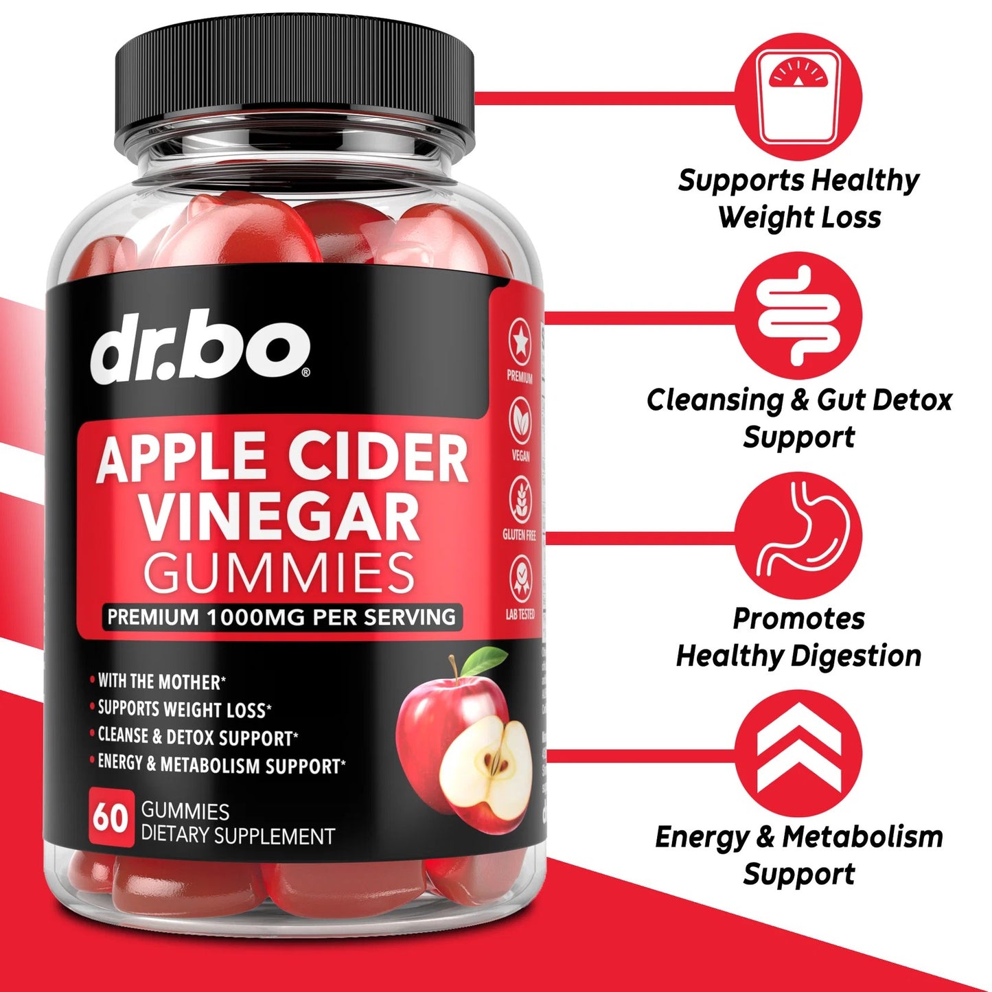 Dr.Bo Apple Cider Vinegar Gummies Water Retention Diuretics for Digestion 60 Gummies