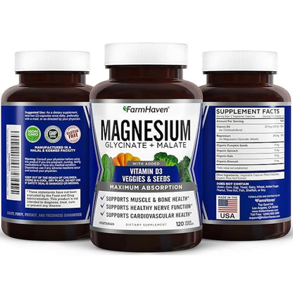 FarmHaven Magnesium Glycinate + Malate with Vitamin D3 - 120 Capsules