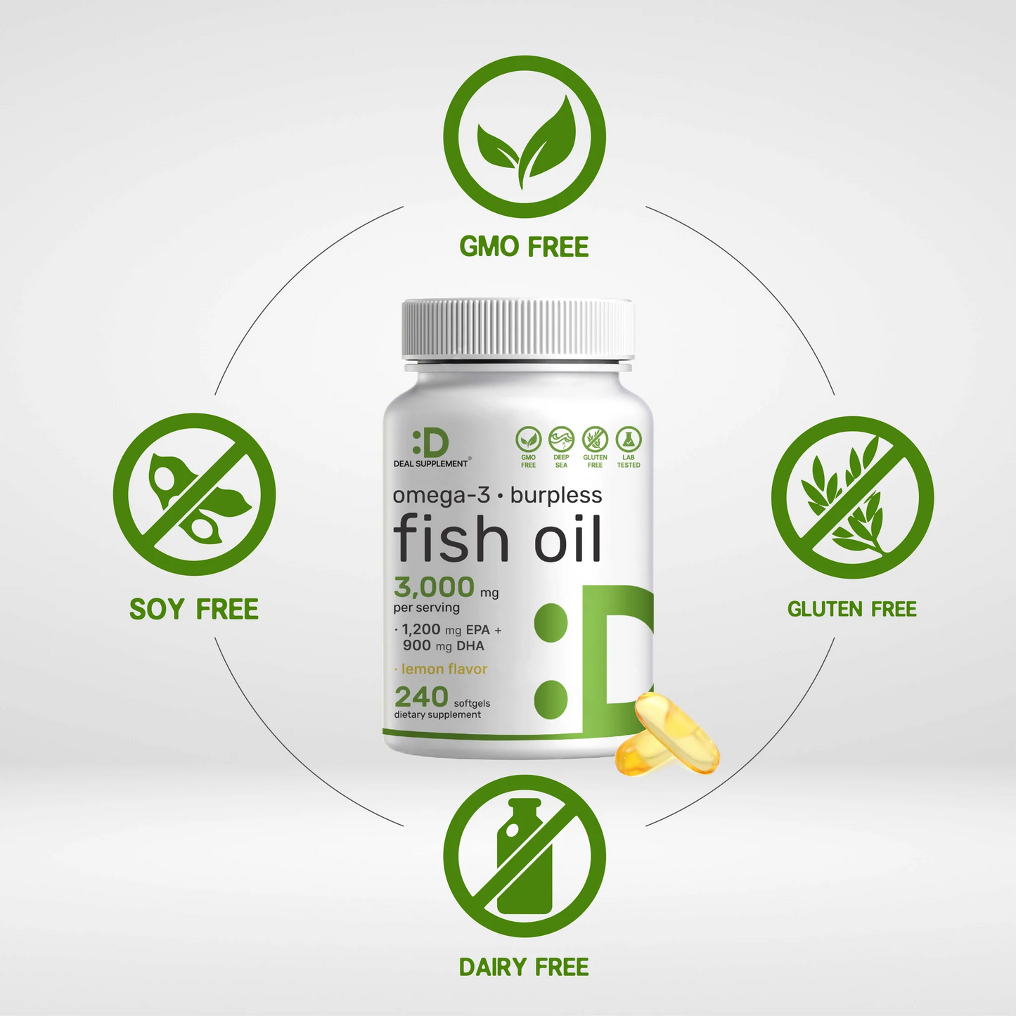 Deal Supplement Omega 3 Fish Oil , 3,000mg Per Serving, 240 Softgels