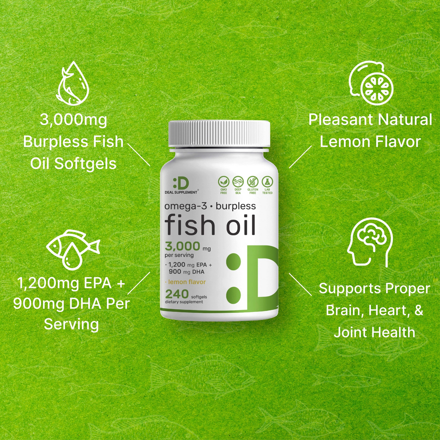 Deal Supplement Omega 3 Fish Oil , 3,000mg Per Serving, 240 Softgels