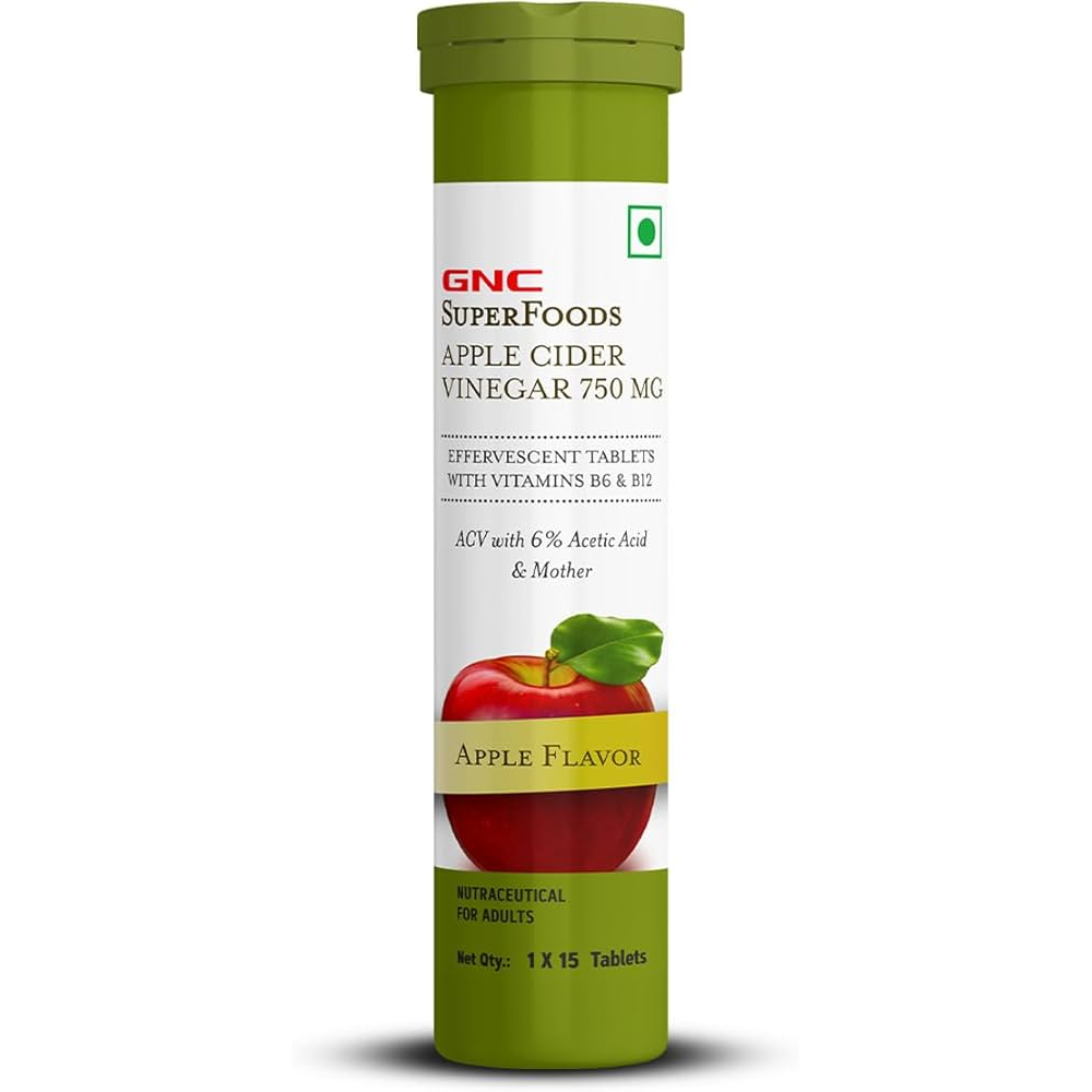 GNC SuperFoods Apple Cider Vinegar 750mg Effervescent Tablets with Vitamins B6 & B12 – Apple Flavor (15 Tablets)