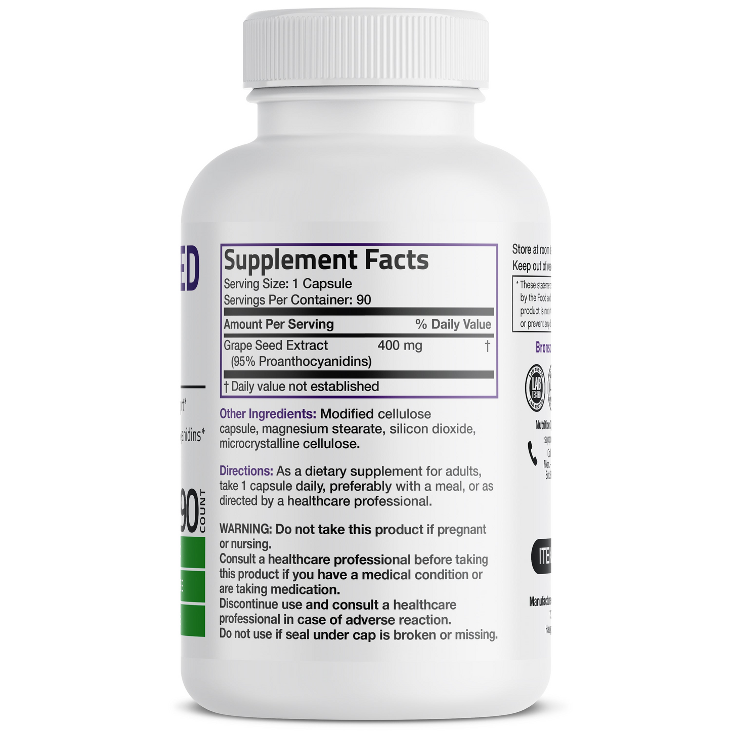 Bronson Vitamins Grape Seed Extract Non-Gmo - 400 Mg 90 Caps