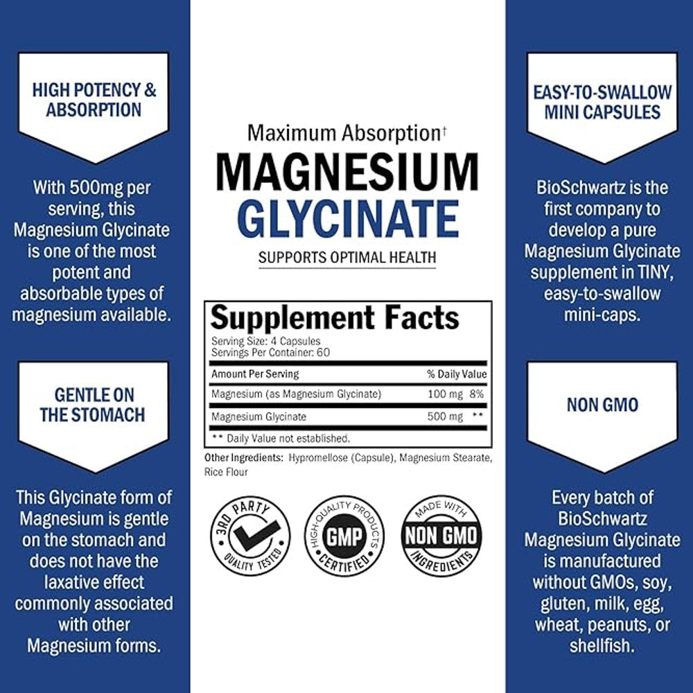 Magnesium Glycinate By Bio Schwartz (Vegan Safe with No Gluten, Soy or GMOs)