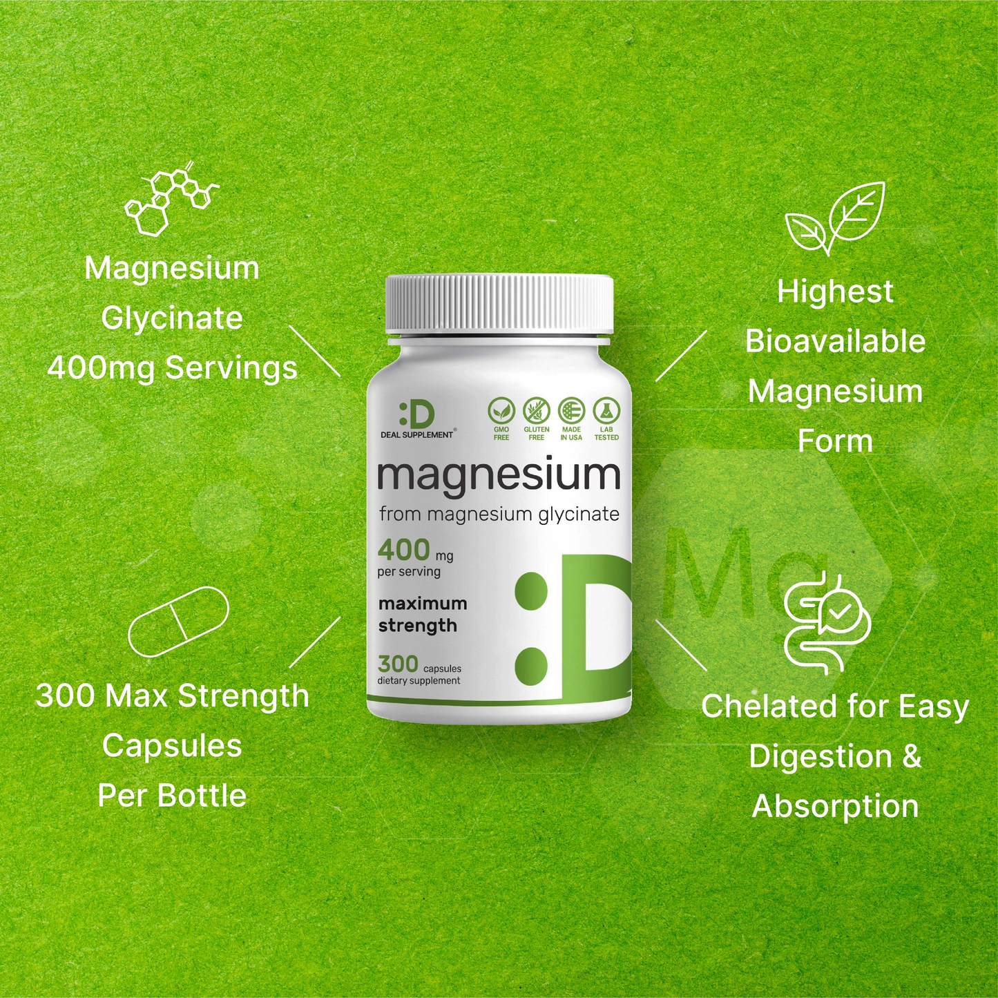 Deal Supplement Magnesium Glycinate 400mg, 300 Capsule
