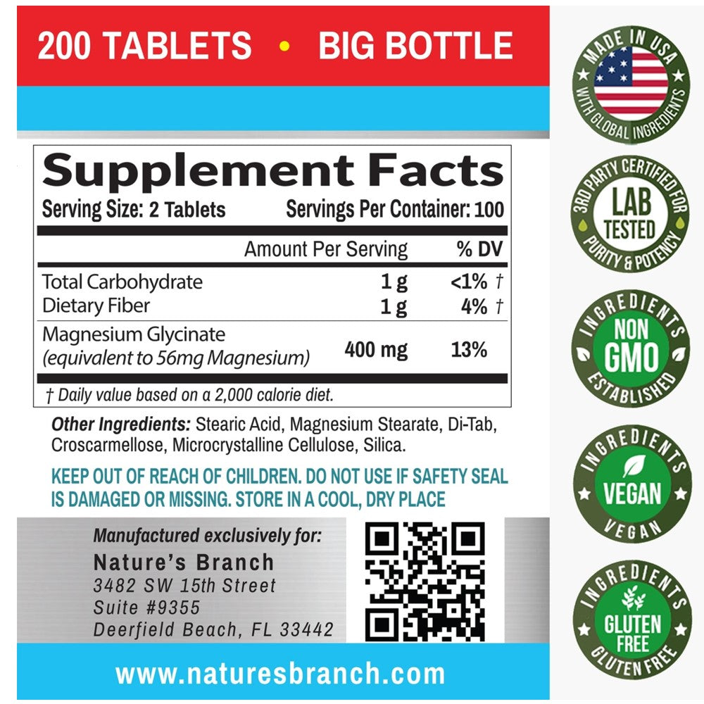 Nature's Branch Magnesium Glycinate 400mg – High Absorption, Vegan, 200 Tablets