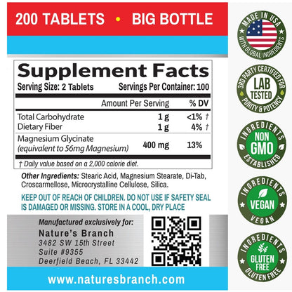 Nature's Branch Magnesium Glycinate 400mg – High Absorption, Vegan, 200 Tablets