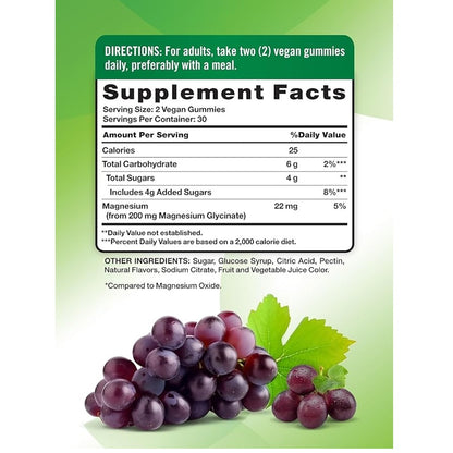 Nature's Truth Magnesium Glycinate Gummies – 200mg Sour Grape Flavor | Vegan, Non-Gmo, Gluten-Free | 60 Gummies