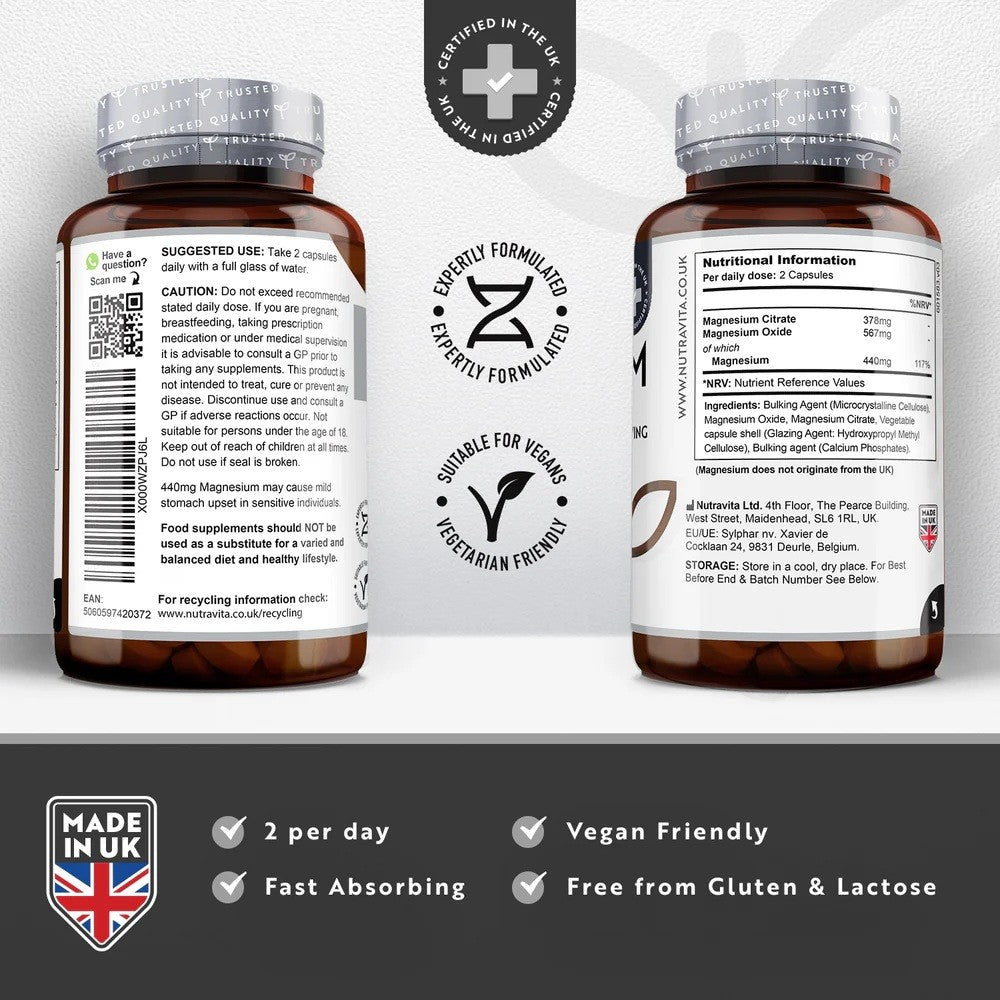 Nutravita 440 Mg Magnesium Citrate | 180 Capsules | Muscle, Nerve & Bone Support