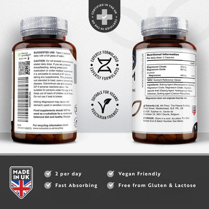 Nutravita 440 Mg Magnesium Citrate | 180 Capsules | Muscle, Nerve & Bone Support