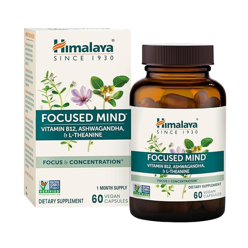 Himalaya Focused Mind – Vitamin B12, Ashwagandha & L-Theanine | Focus & Concentration Support | 60 Vegan Capsules