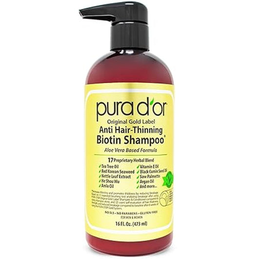 PURA D'OR Original Gold Label Anti Hair-Thinning Biotin Shampoo - 16oz for Men & Women