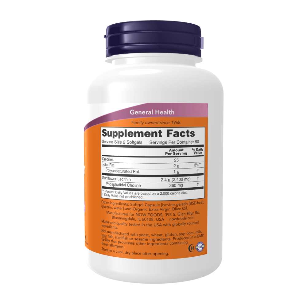Now Foods Sunflower Lecithin 1200 Mg – Soy-Free Nervous System Support with Phosphatidyl Choline – 100 Softgels